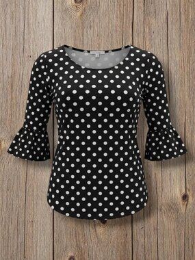 Green Envelope LA Black White Polka Dot 3/4 Ruffle Sleeve Top L
